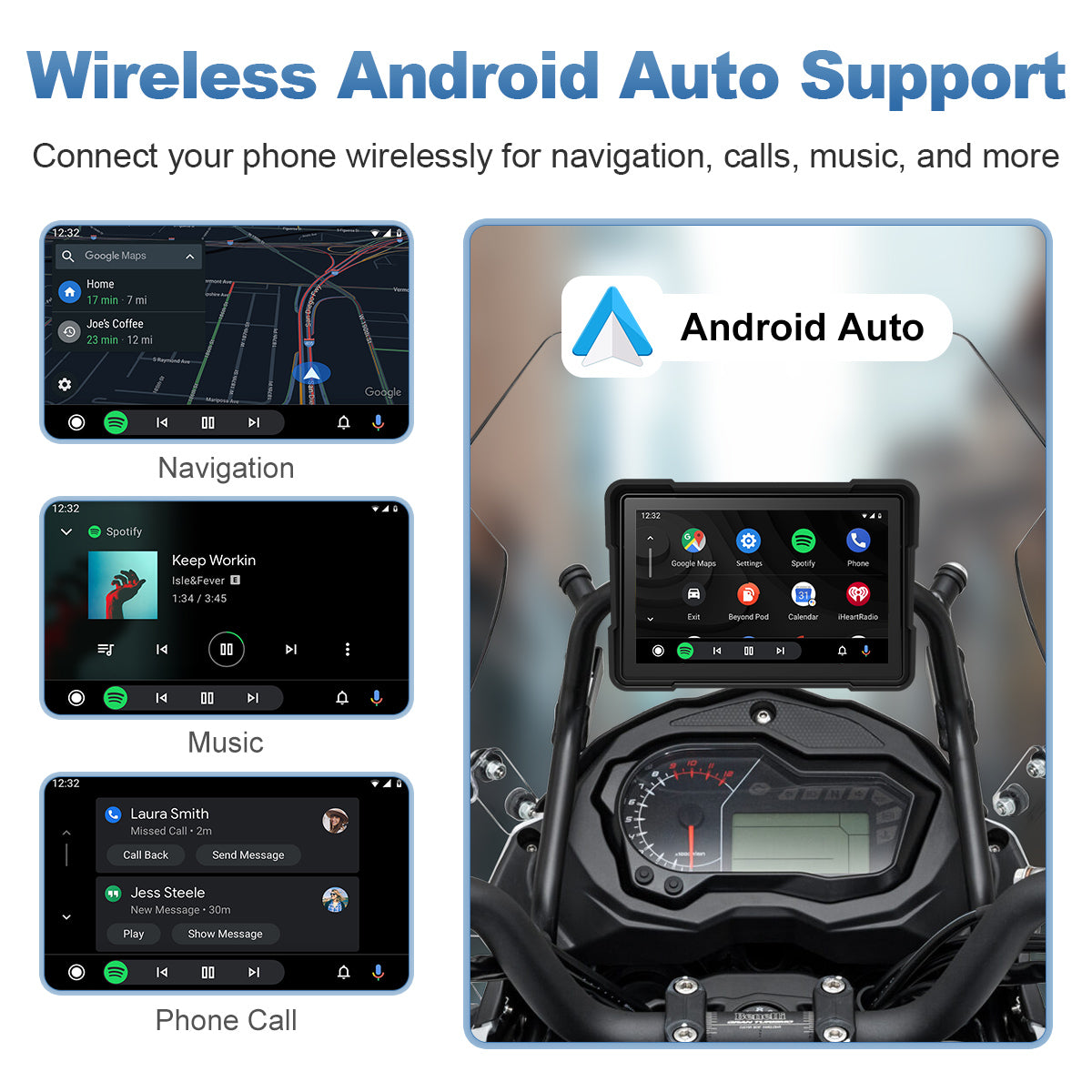 Linkifun™ MT4 7インチバイクナビゲーションスクリーン、ワイヤレスCarPlay、Android Auto、スクリーンミラーリング(オプションDVR&TPMS)