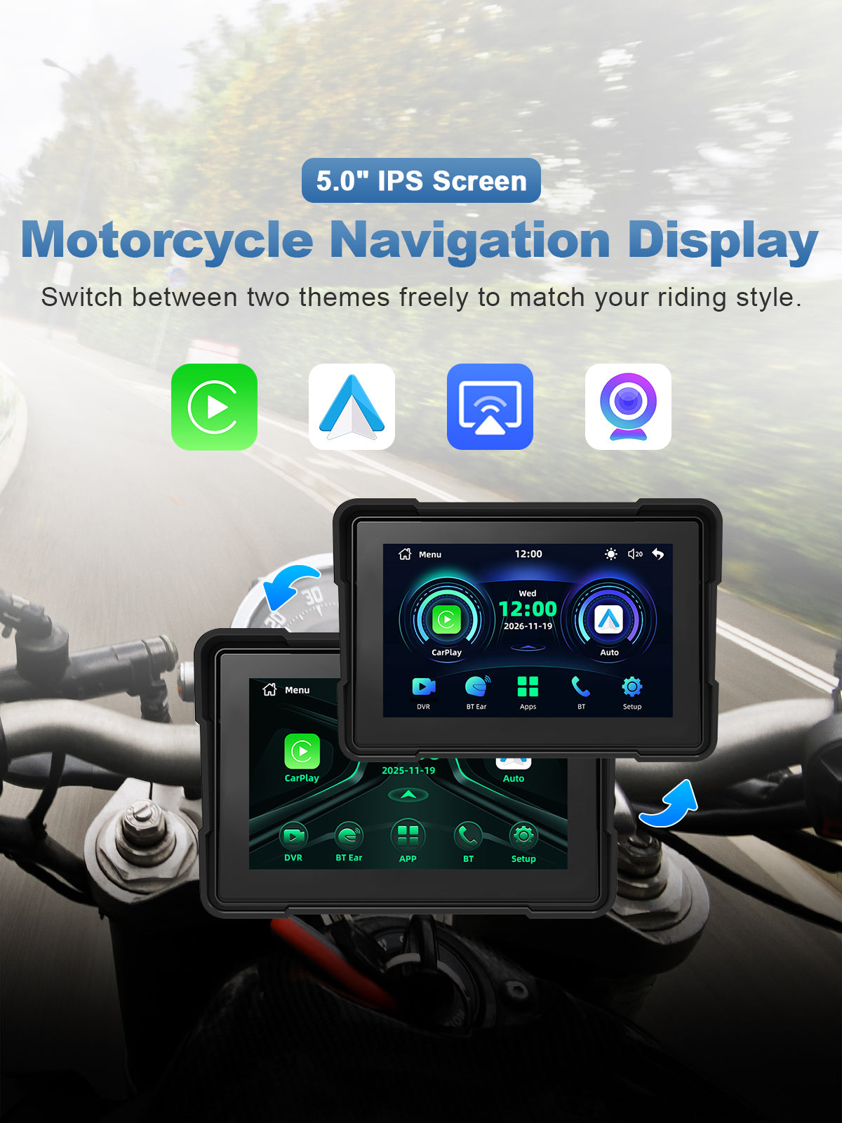 Linkifun MT16C 5 inch motorcycle navigation screen with wireless CarPlay, Android Auto, IPS display, and dual theme interface