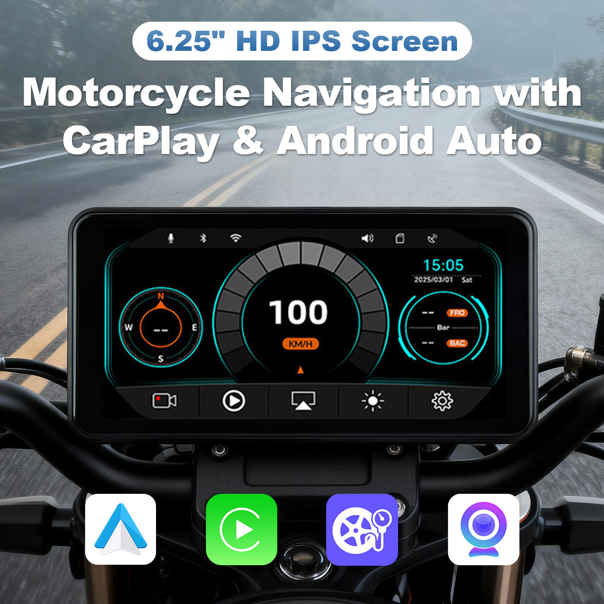 Linkifun™ MT17A 6.25" Motorcycle Dash Cam with Wireless CarPlay & Android Auto, Built-in GPS, DVR & TPMS