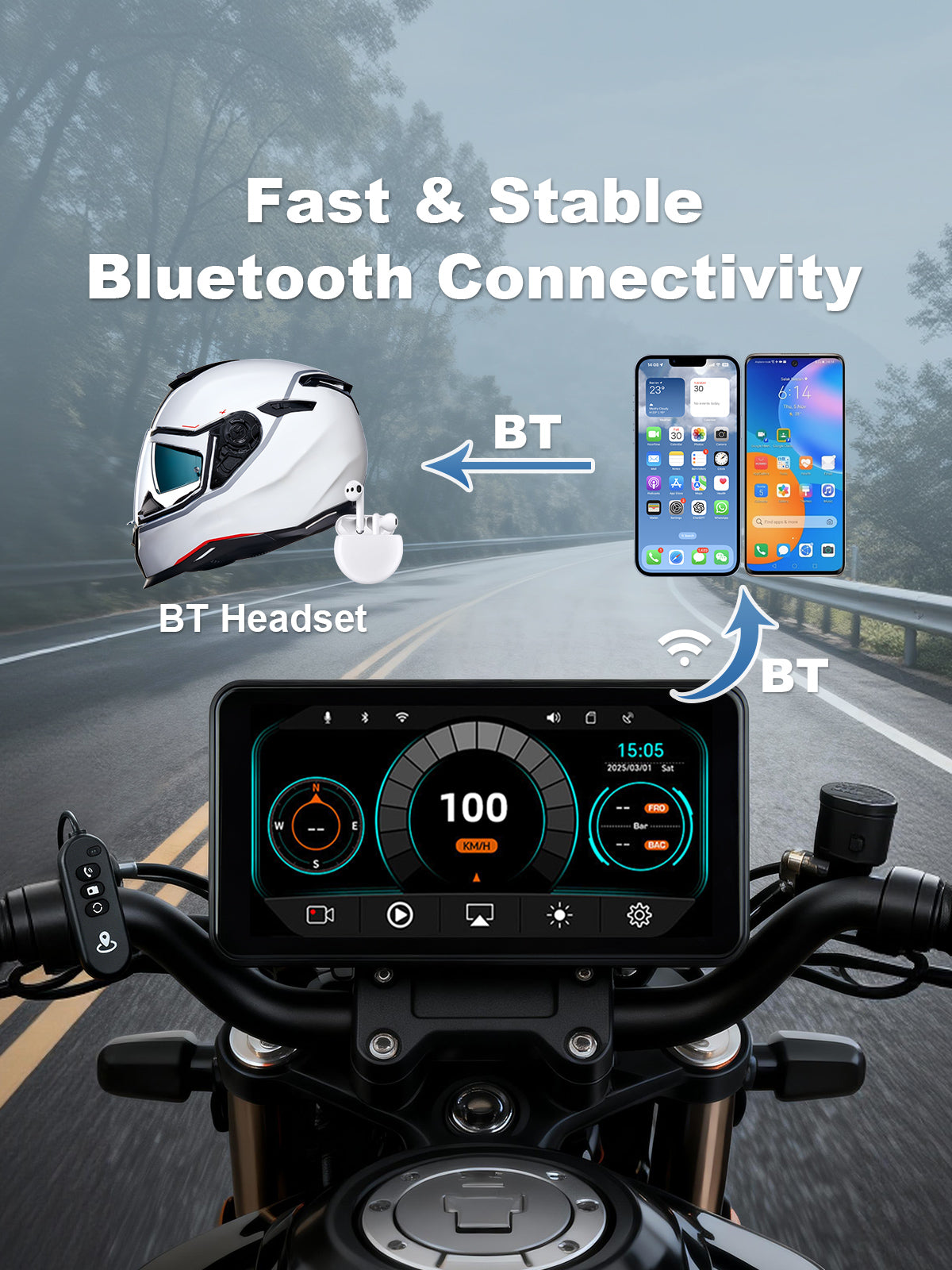 Bluetooth 4.2 audio connection for helmet headset with wireless CarPlay and Android Auto