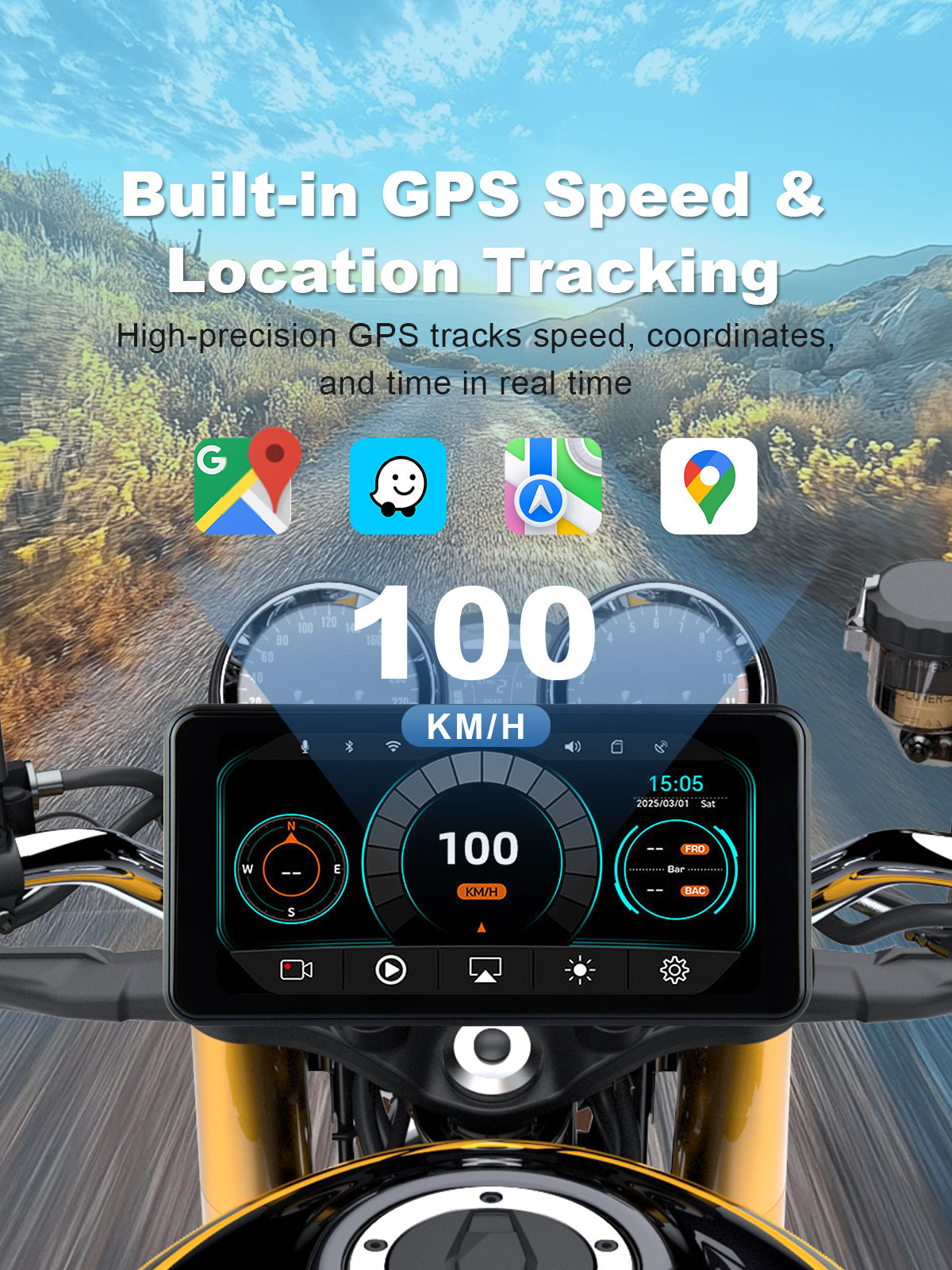 Linkifun motorcycle dash cam with built-in GPS showing real-time speed, latitude, longitude, and time without phone connection