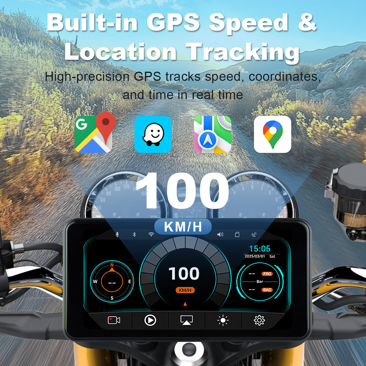 Linkifun™ MT17A 6.25" Motorcycle Dash Cam with Wireless CarPlay & Android Auto, Built-in GPS, DVR & TPMS
