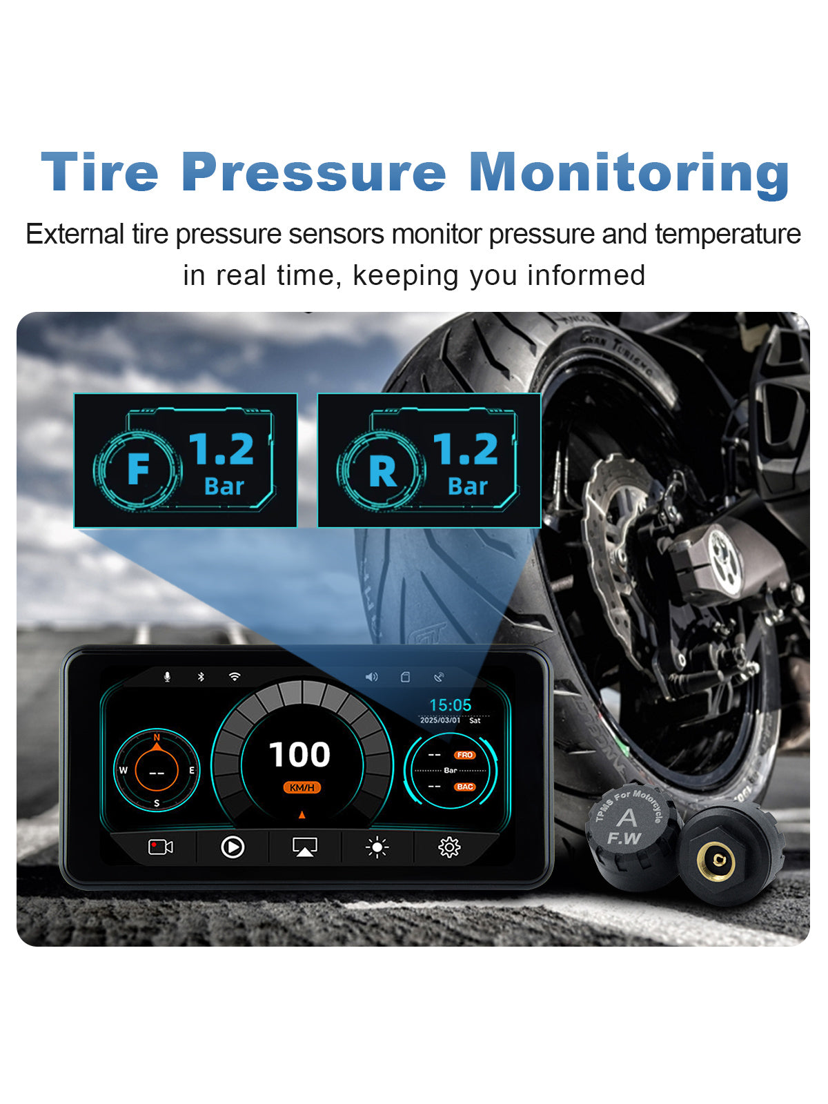 Real-time tire pressure and temperature monitoring for motorcycle dash cam