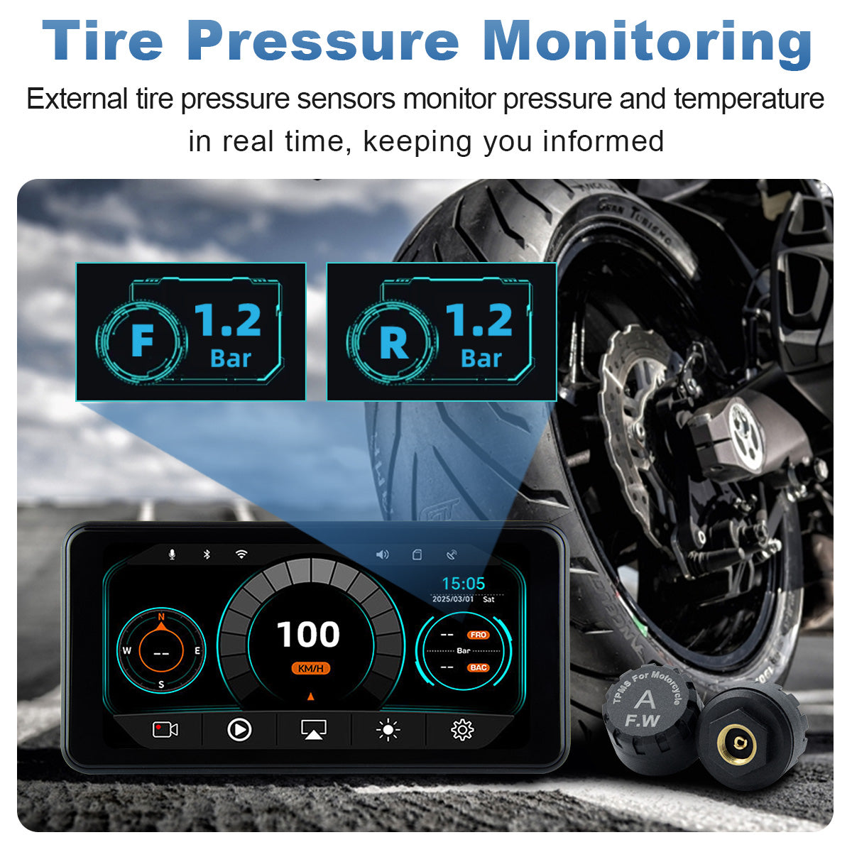 Linkifun™ MT17A 6.25" Motorcycle Dash Cam with Wireless CarPlay & Android Auto, External GPS Antenna, DVR & TPMS