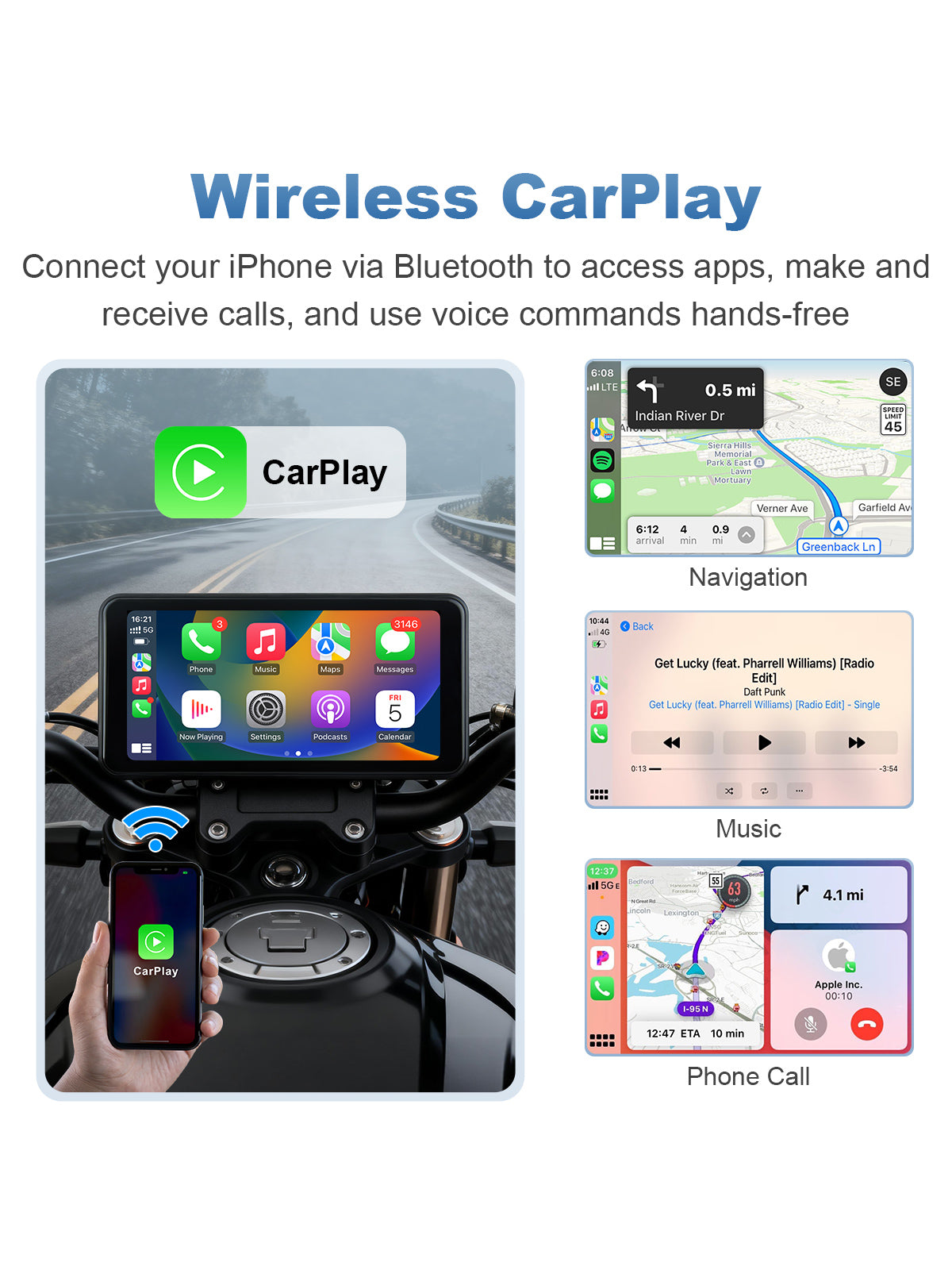 Linkifun MT17A motorcycle dash cam with wireless Apple CarPlay for iPhone navigation, music, and calls
