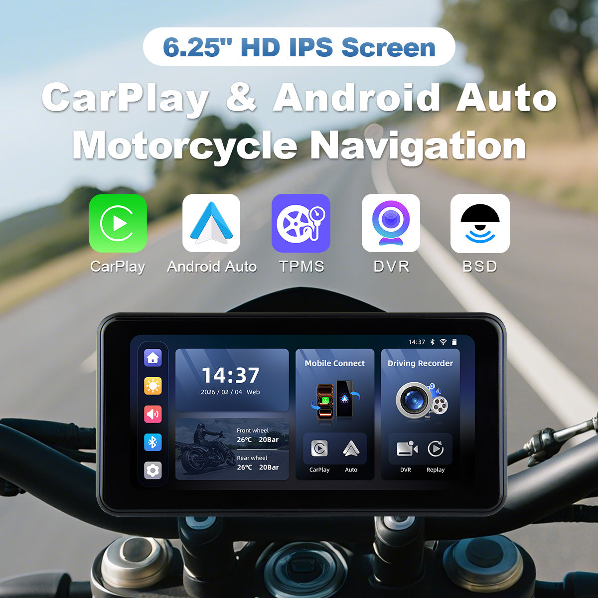 Linkifun™ MT17B 6.25" Motorcycle Dash Cam Display – BSD, Wireless CarPlay & Android Auto, DVR, TPMS, Split Screen, Built-in Speaker