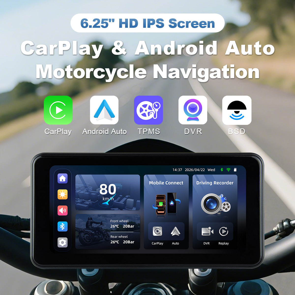 Linkifun™ MT17B 6.25" Motorcycle Dash Cam Display – BSD, Wireless CarPlay & Android Auto, DVR, TPMS, Split Screen, Built-in Speaker