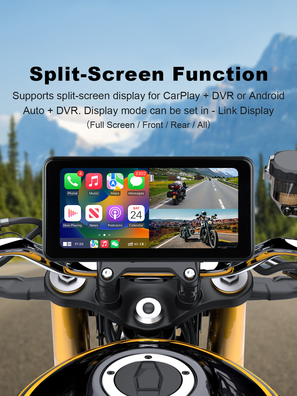 Linkifun MT17B motorcycle navigation screen and dash cam with split screen display mode for CarPlay Android Auto and DVR