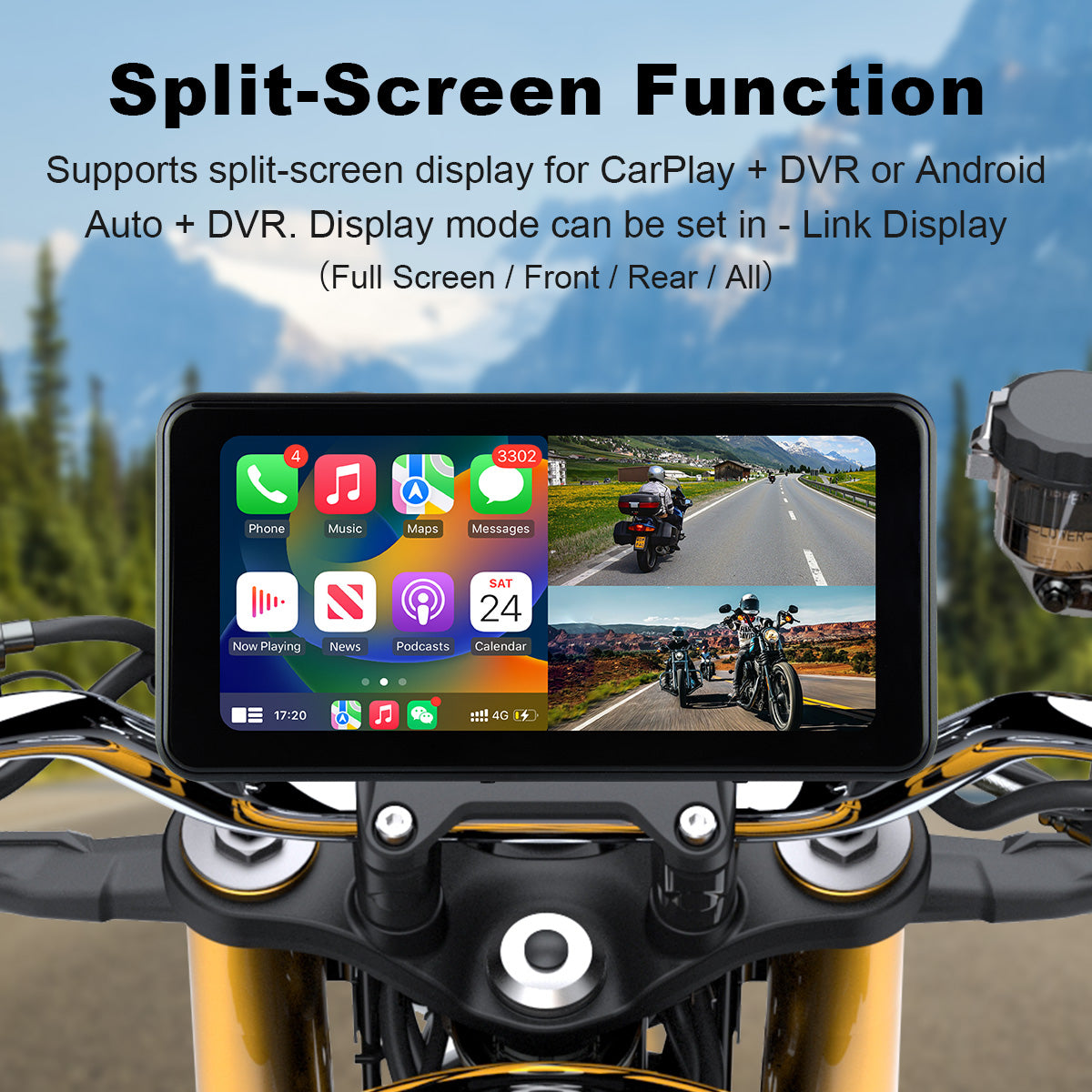 Linkifun™ MT17B 6.25" Motorcycle Dash Cam Display – BSD, Wireless CarPlay & Android Auto, DVR, TPMS, Split Screen, Built-in Speaker