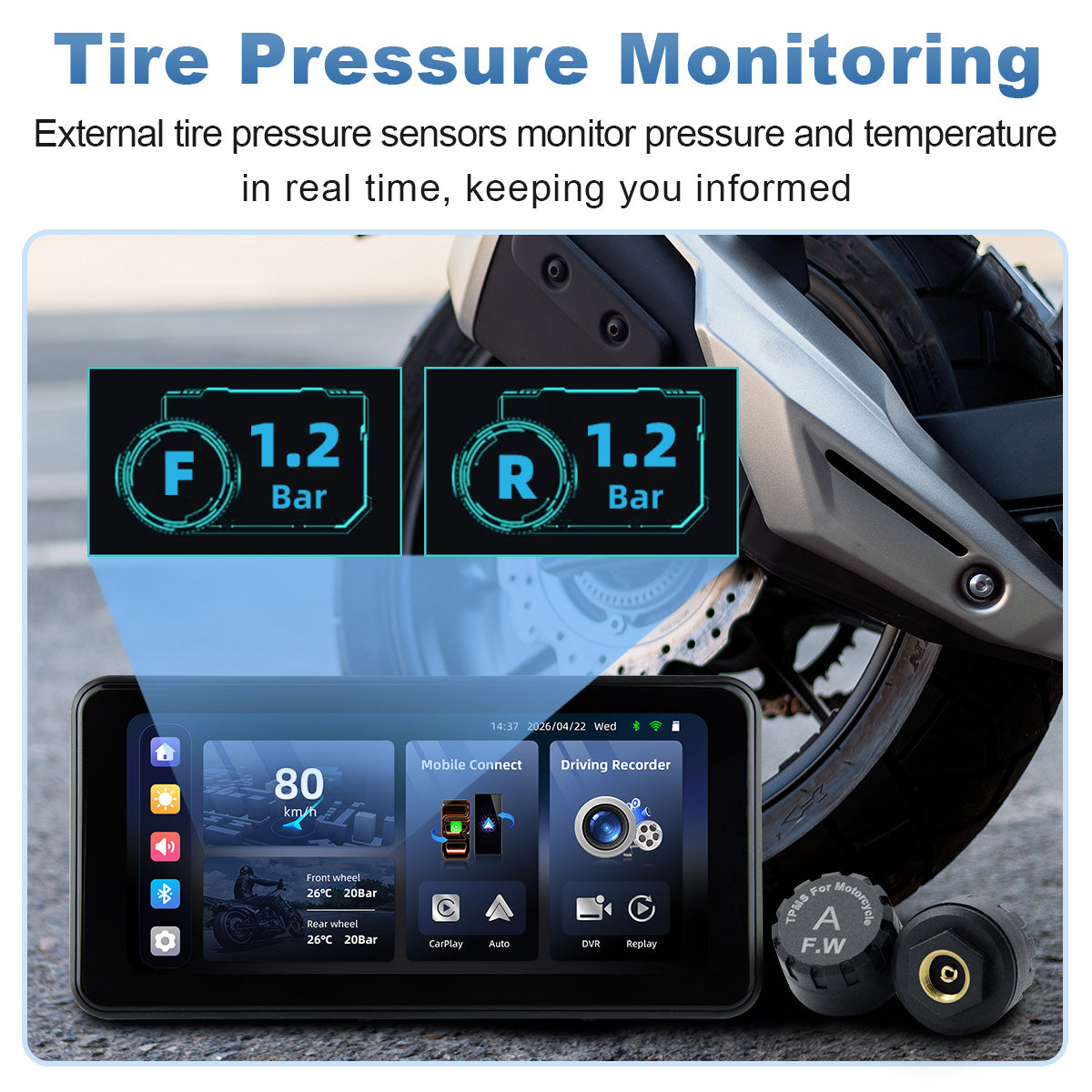 Linkifun™ MT17B 6.25" Motorcycle Dash Cam Display – BSD, Wireless CarPlay & Android Auto, DVR, TPMS, Split Screen, Built-in Speaker