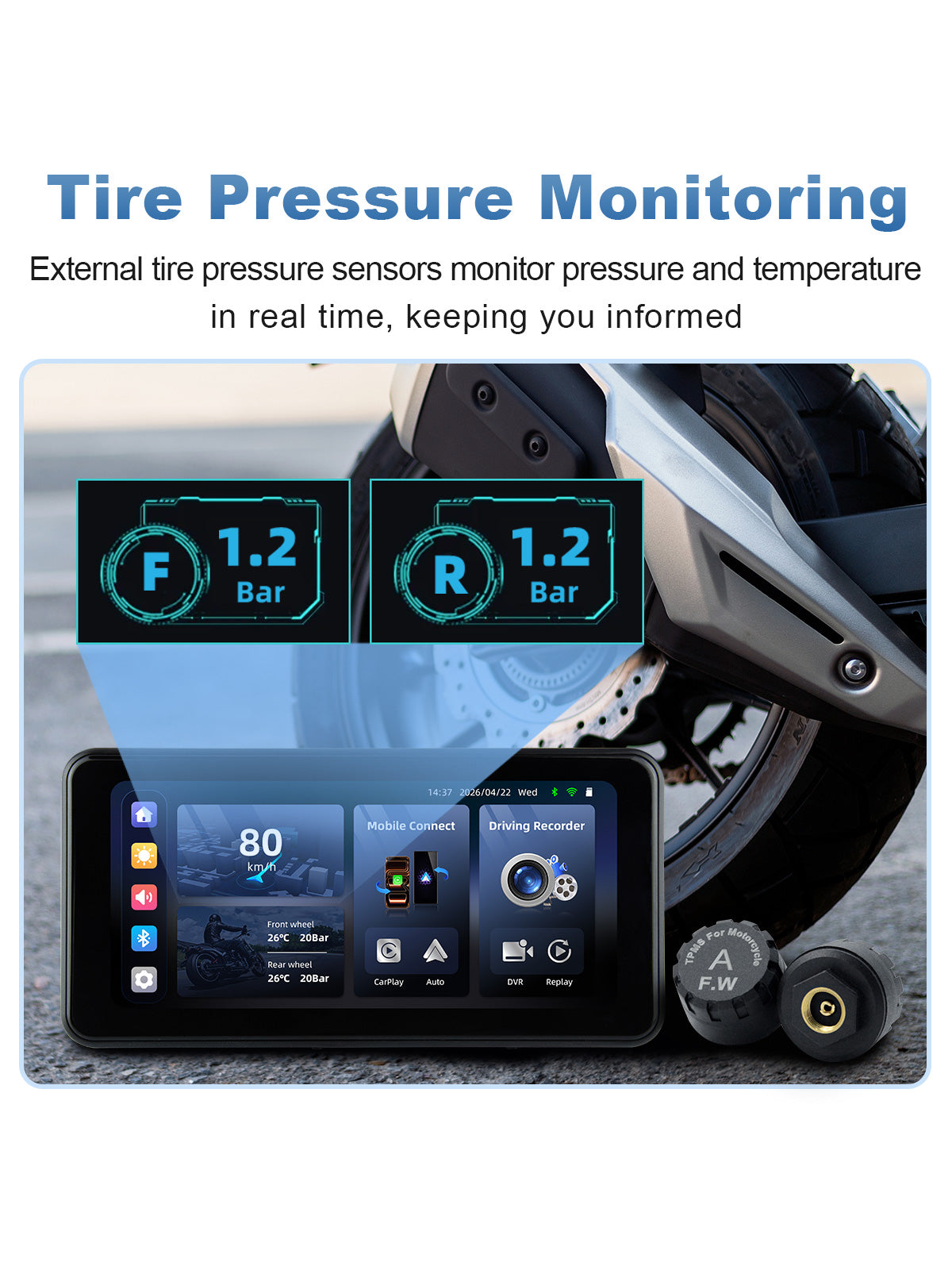 Linkifun MT17B motorcycle navigation screen and dash cam with tire pressure monitoring system TPMS