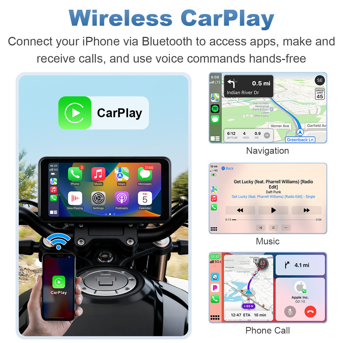 Linkifun™ MT17B 6.25" Motorcycle Dash Cam Display – BSD, Wireless CarPlay & Android Auto, DVR, TPMS, Split Screen, Built-in Speaker