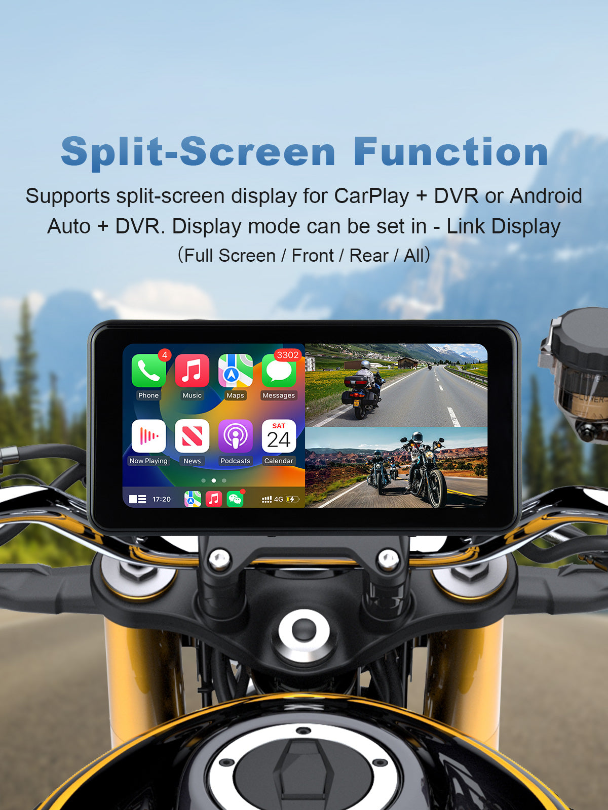 Linkifun MT17C 6.25-inch motorcycle display showing wireless CarPlay or Android Auto navigation with front and rear DVR split-screen views