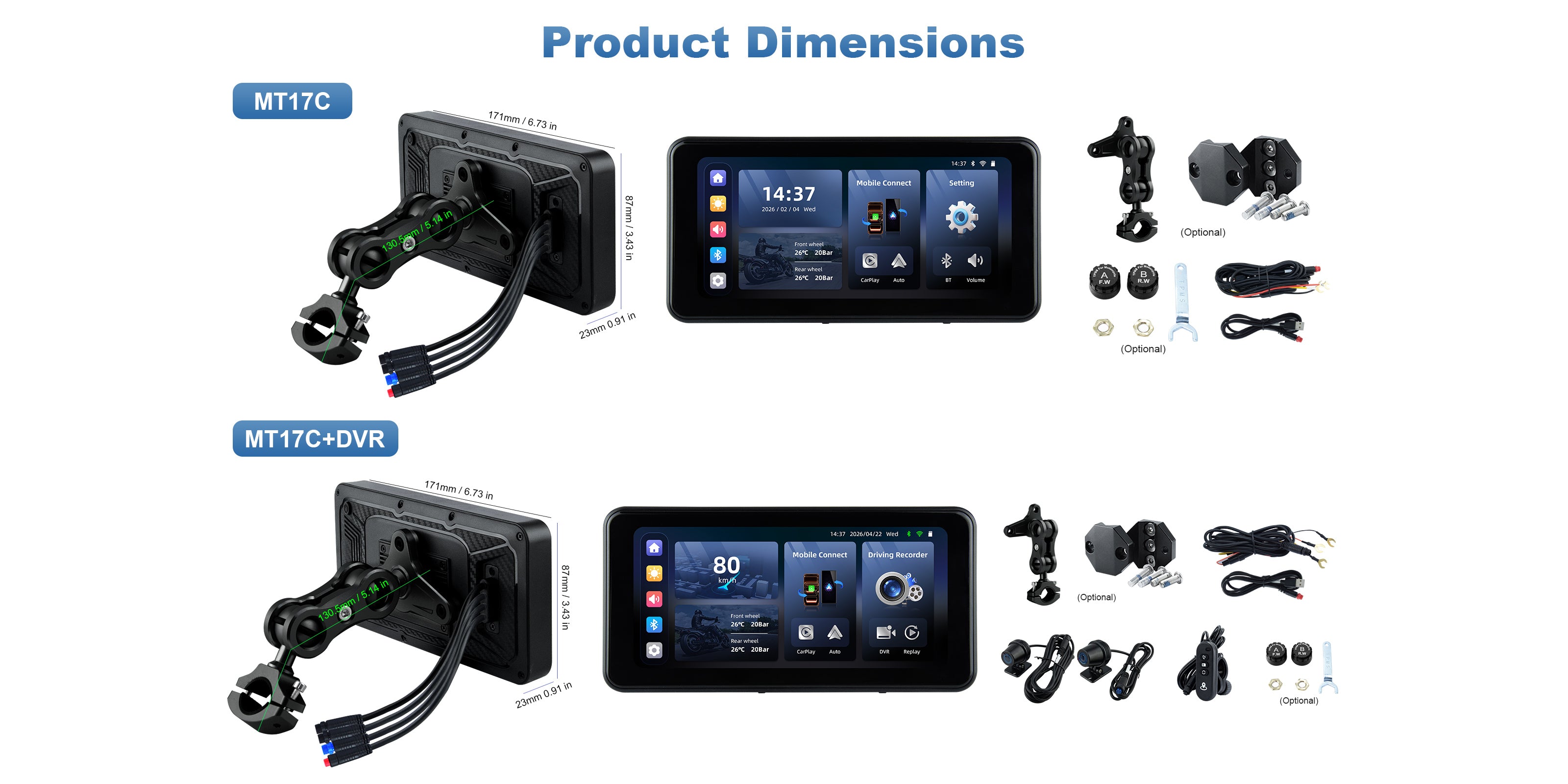 Linkifun MT17C 6.25-inch motorcycle display and MT17C DVR version showing product dimensions, mounting brackets, cameras, remote control, optional TPMS sensors, and power cables