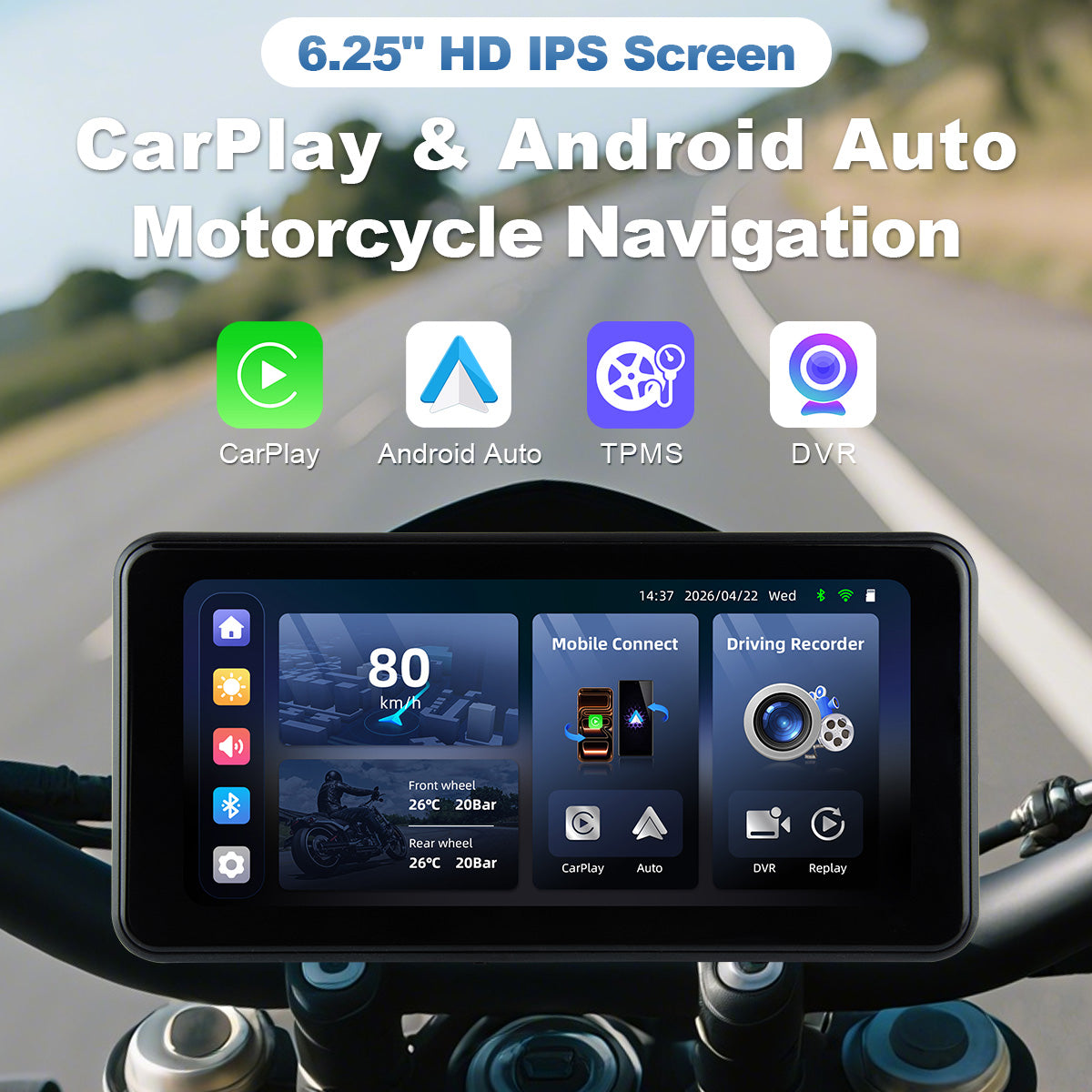 Linkifun™ MT17C 6.25" Motorcycle Dash Cam Display – Wireless CarPlay & Android Auto, DVR, TPMS, Split Screen, Built-in Speaker & Optional Mounting Brackets
