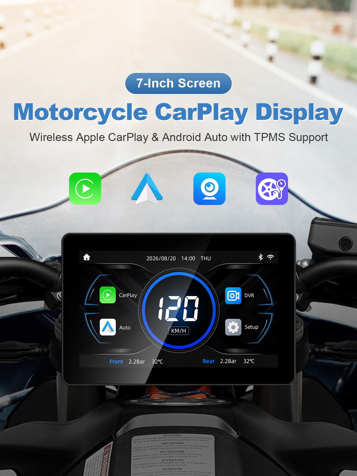Linkifun MT18 7 inch motorcycle display with quick-release mount, wireless CarPlay, Android Auto, DVR and GPS navigation