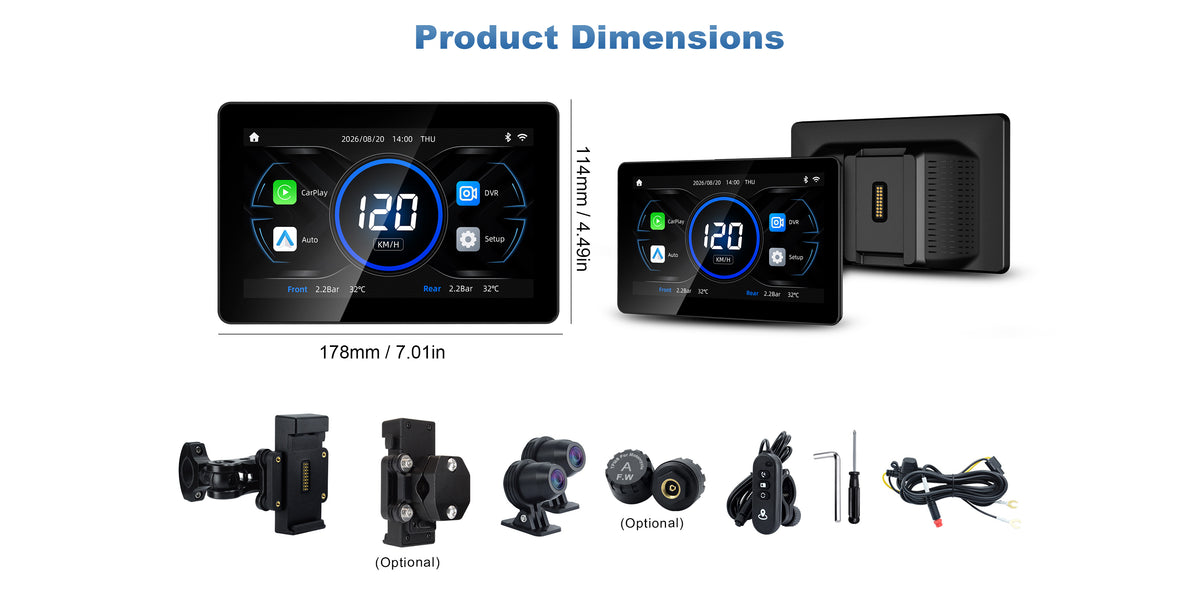Linkifun MT18 7 inch motorcycle display dimensions with quick release bracket DVR cameras TPMS and accessories