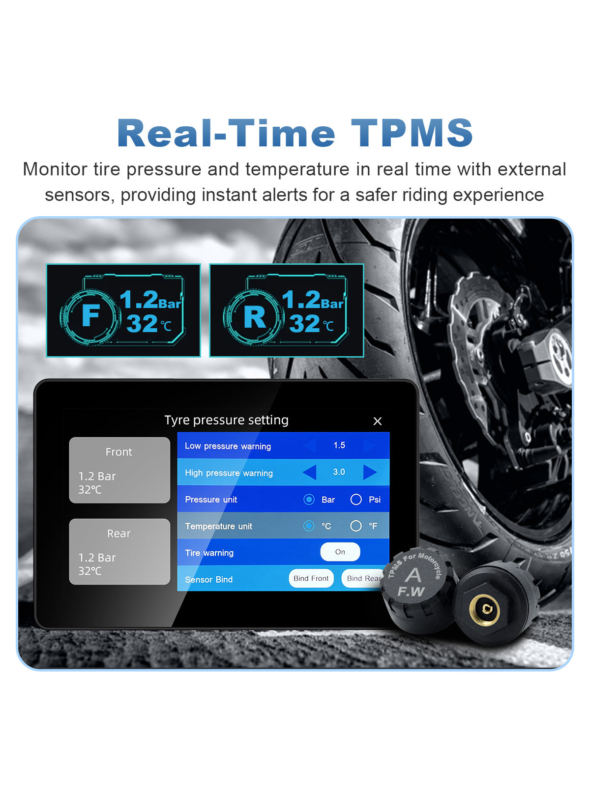 Linkifun MT18 motorcycle display with external TPMS sensors showing real-time tire pressure and temperature monitoring