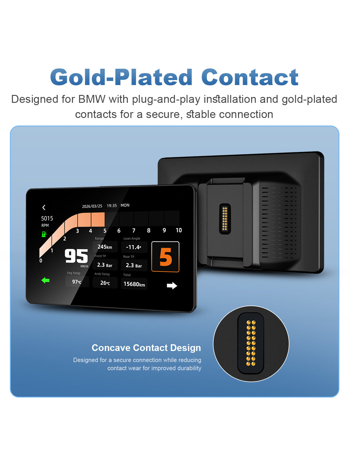 Linkifun MT18A Pro DVR 7-inch BMW motorcycle display with gold-plated concave contacts for stable connectivity and improved durability.