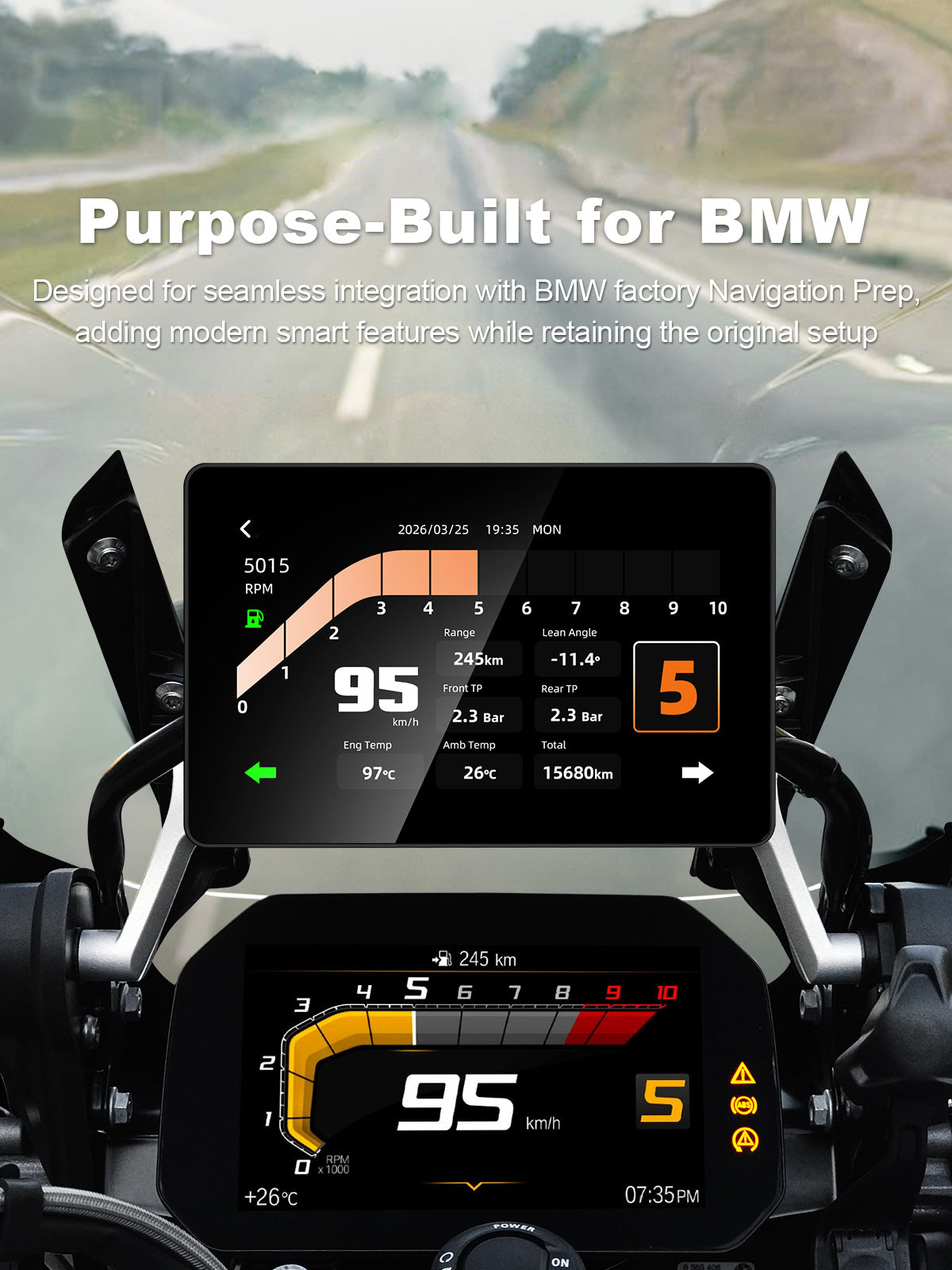 Linkifun MT18A Pro DVR 7-inch BMW motorcycle display integrated with the original BMW Navigation Prep for a clean factory-style installation.