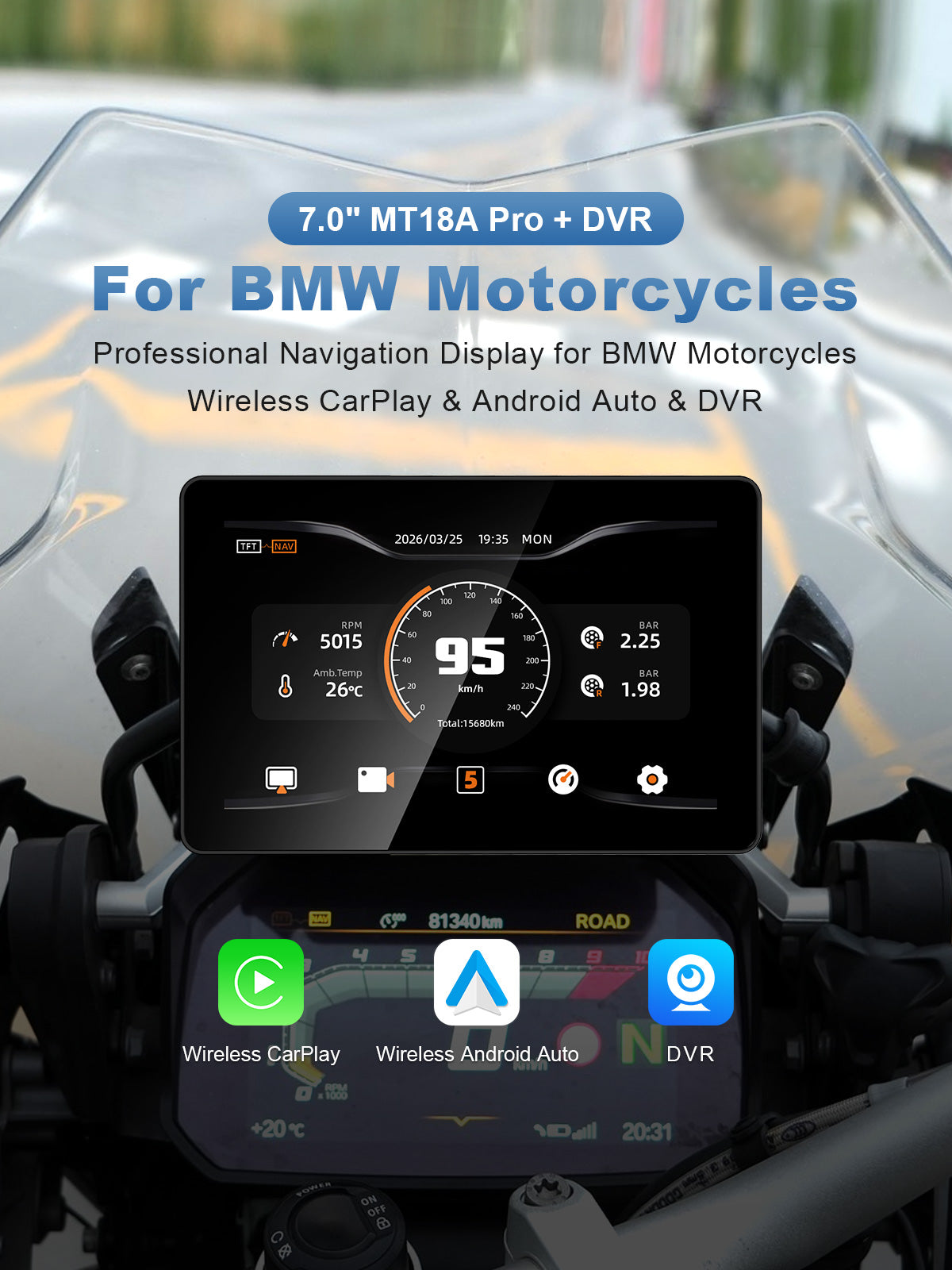 Linkifun MT18A Pro DVR 7-inch BMW motorcycle display with Wireless CarPlay, Android Auto, DVR recording and real-time vehicle information.