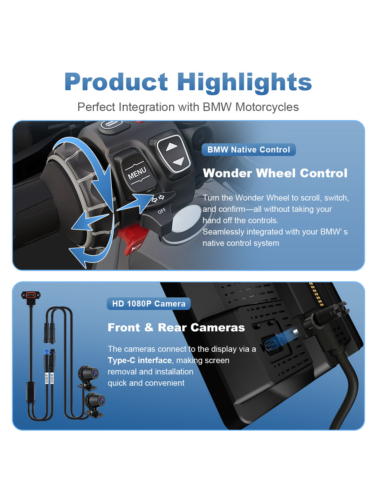 Linkifun MT18A Pro DVR 7-inch BMW motorcycle display with Wonder Wheel control, front and rear 1080P cameras and Type-C connection.
