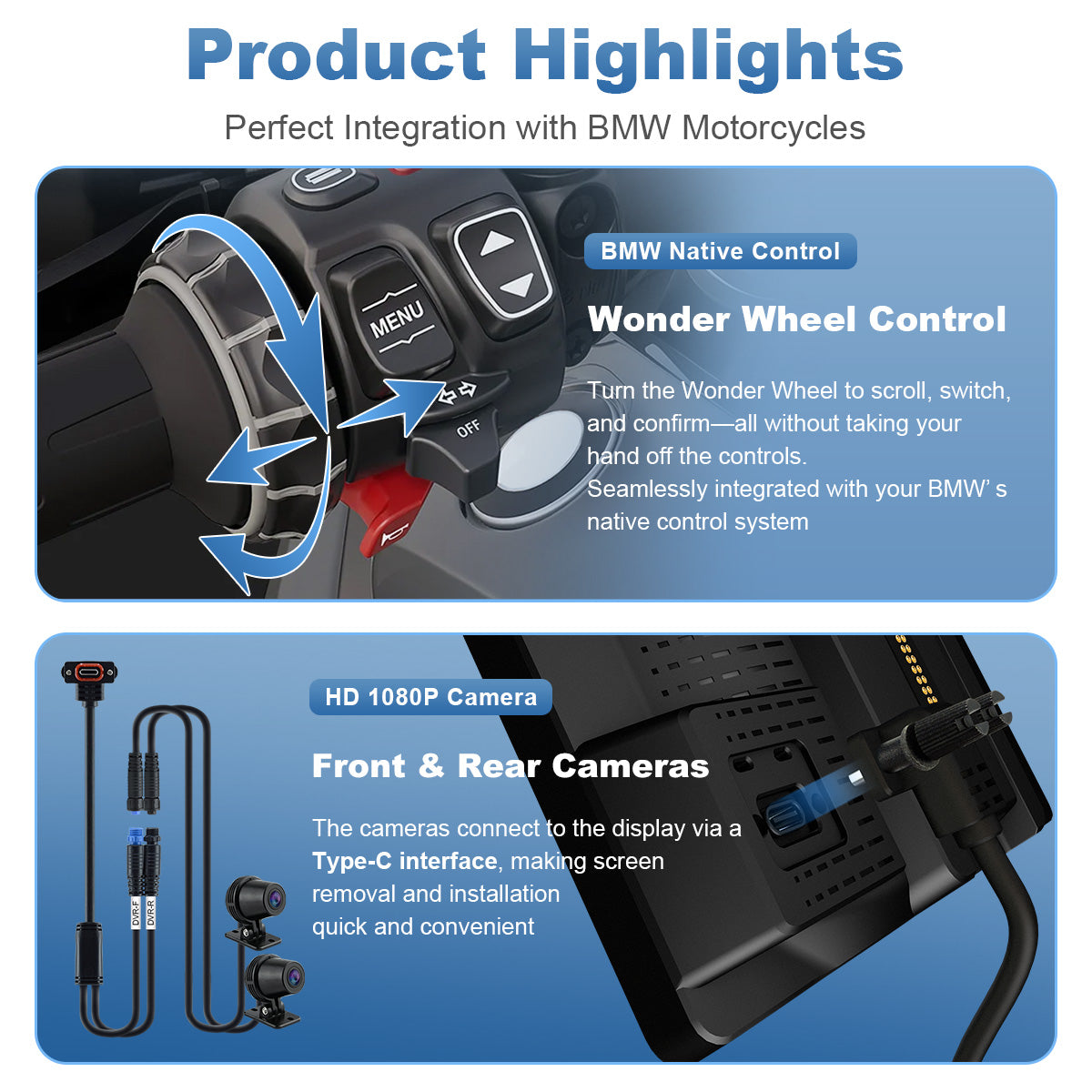 Écran de moto Linkifun MT18A Pro avec DVR 7,0" pour BMW, CarPlay et Android Auto sans fil, molette Wonder Wheel, double DVR 1080P