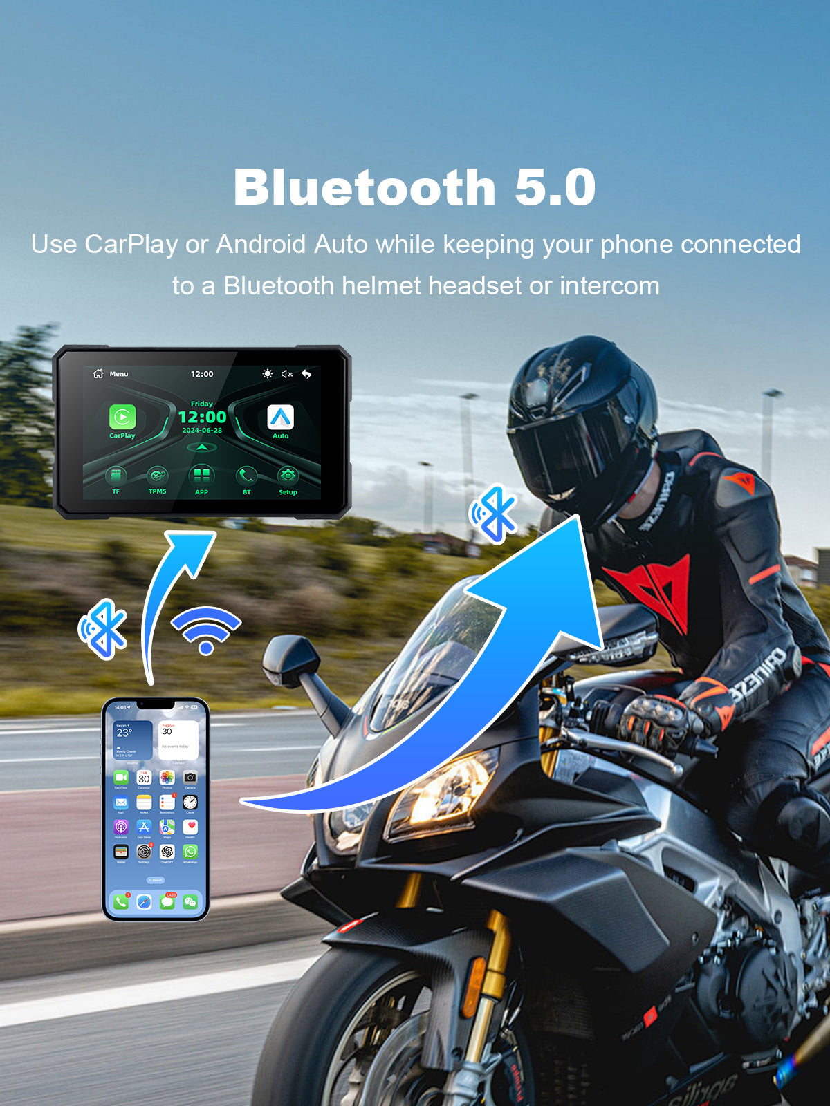 Linkifun MT19 motorcycle display with Bluetooth 5.0 connection and direct helmet headset audio for navigation, music, and hands-free calls.