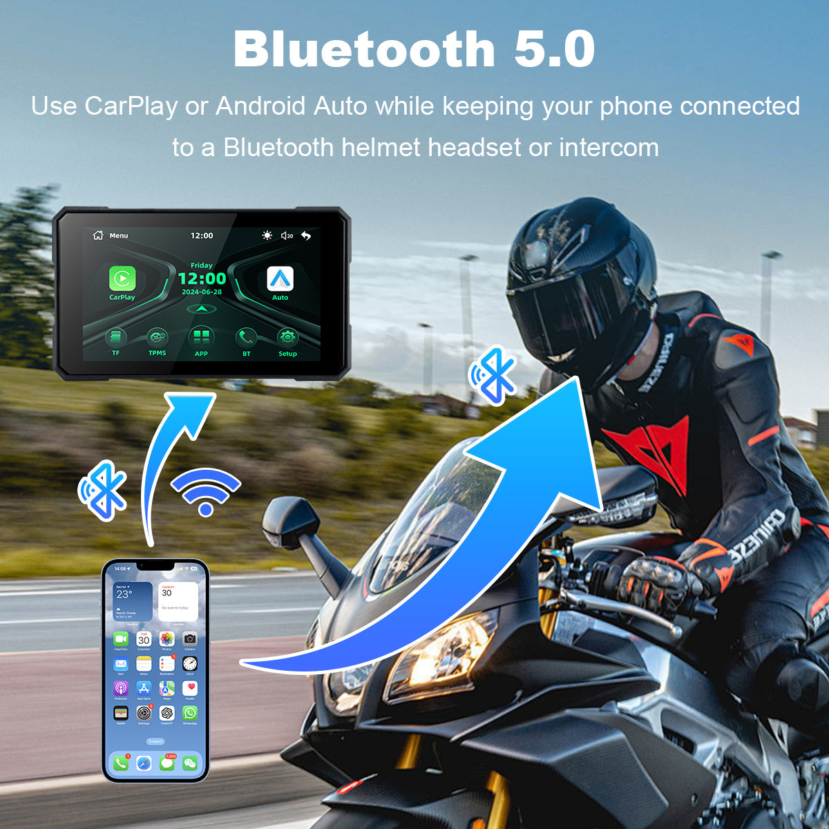 Linkifun™ MT19 5" Smart Motorcycle Display with Wireless CarPlay & Android Auto, Screen Mirroring, Bluetooth 5.0, IP67 Protection, Optional TPMS