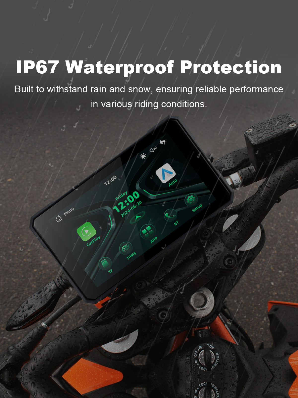 Linkifun MT19 IP67 waterproof and dustproof motorcycle display designed for reliable use in rain, dust, splashes, and changing weather conditions.