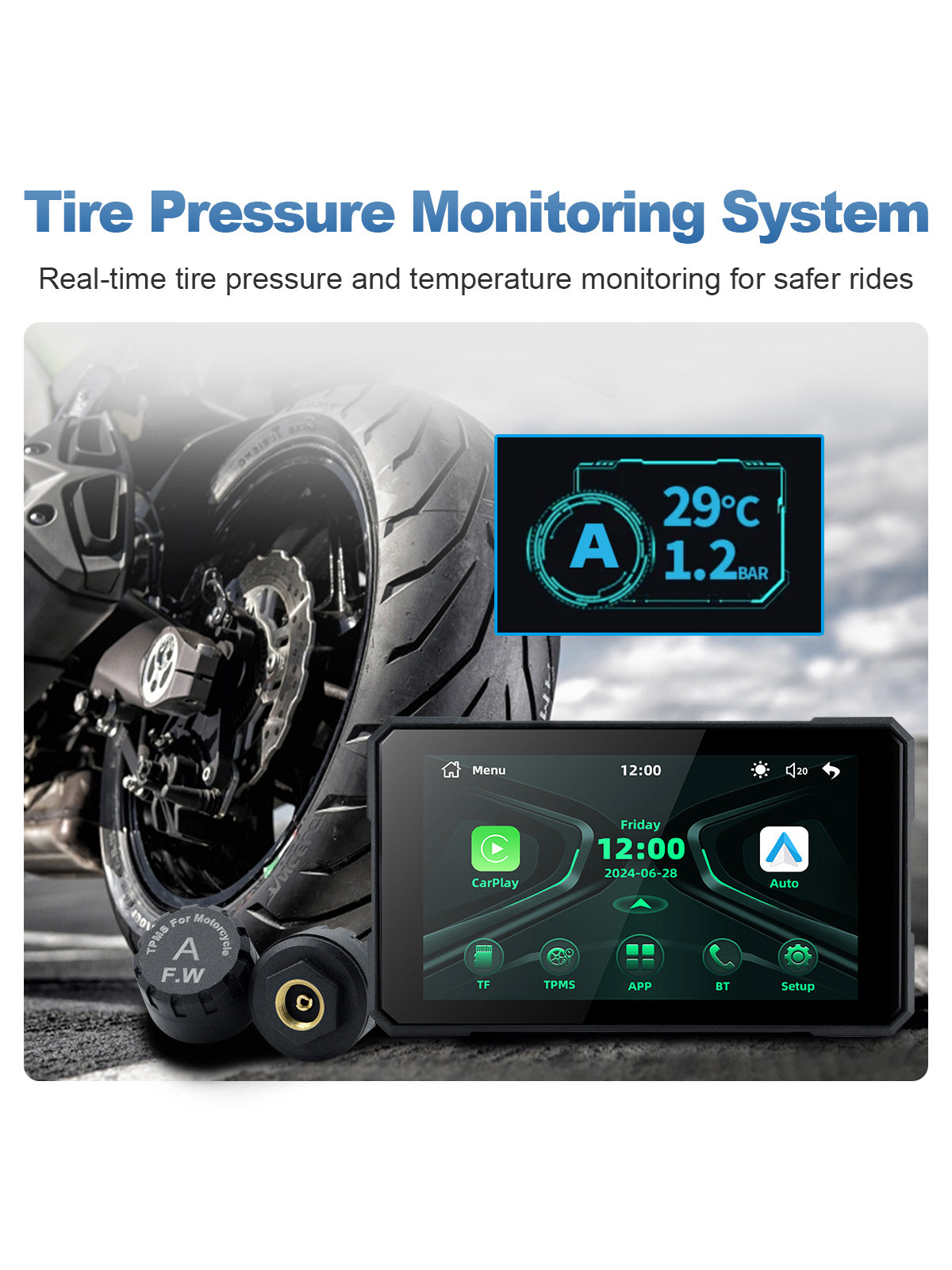 Linkifun MT19 motorcycle display with optional TPMS sensors for real-time tire pressure and temperature monitoring.