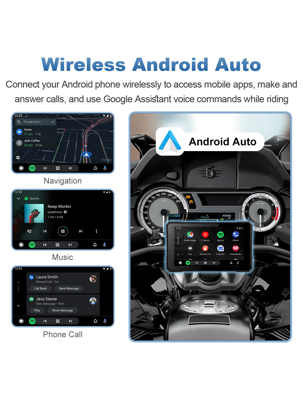 Linkifun MT19 motorcycle screen with wireless Android Auto for Google Maps, music, calls, notifications, and Google Assistant.