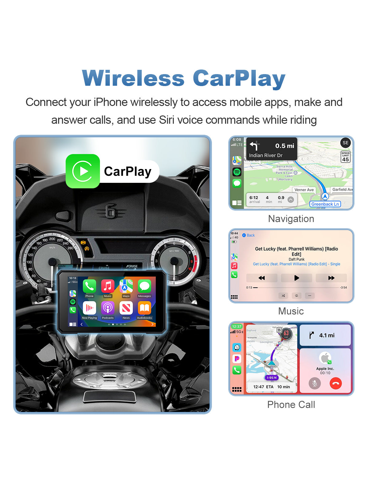 Linkifun MT19 motorcycle display with wireless Apple CarPlay for Apple Maps, music, calls, messages, and Siri voice control.