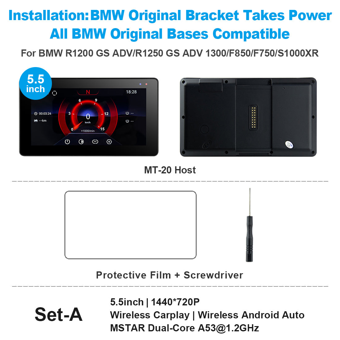 Linkifun™ MT20/MT30 5.5"/6.5" Wireless CarPlay Android Auto Dashboard Navigation Screen with DVR – Special for BMW Motorcycles