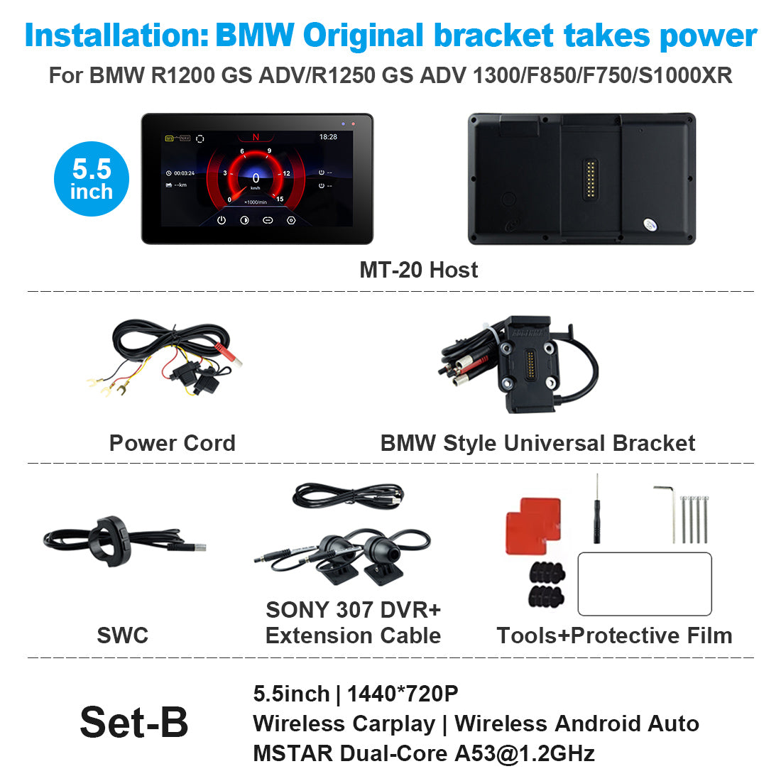 Linkifun™ MT20/MT30 5.5"/6.5" Wireless CarPlay Android Auto Dashboard Navigation Screen with DVR – Special for BMW Motorcycles