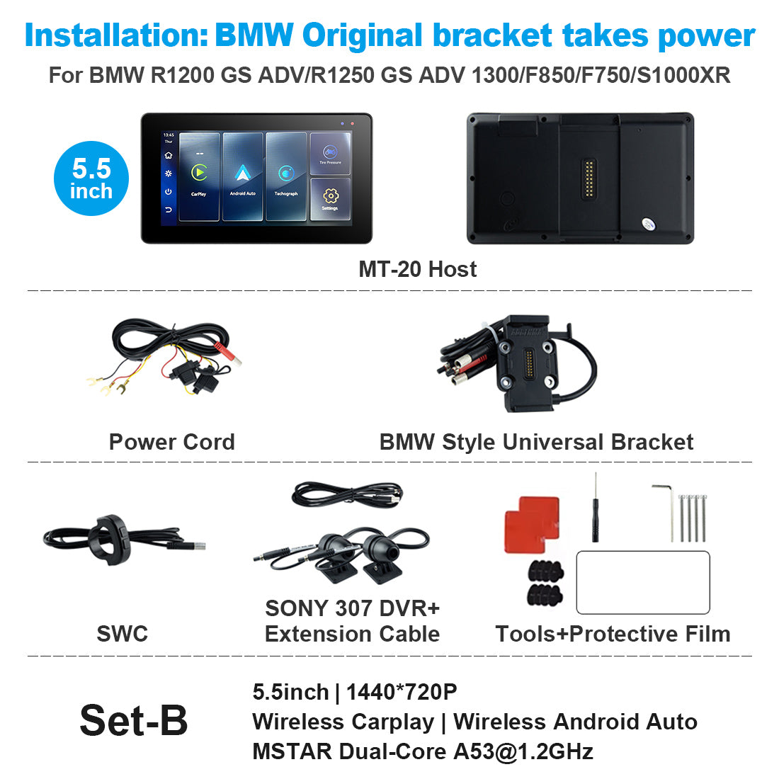 Linkifun™ MT20/MT30 5.5"/6.5" Wireless CarPlay Android Auto Dashboard Navigation Screen with DVR – Special for BMW Motorcycles