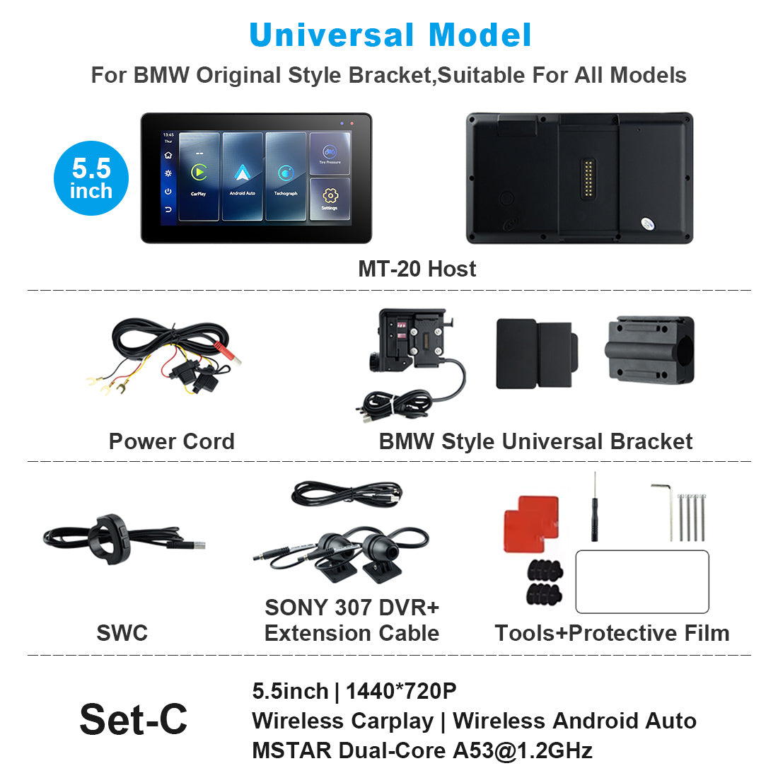 Linkifun™ MT20/MT30 5.5"/6.5" Wireless CarPlay Android Auto Dashboard Navigation Screen with DVR – Special for BMW Motorcycles