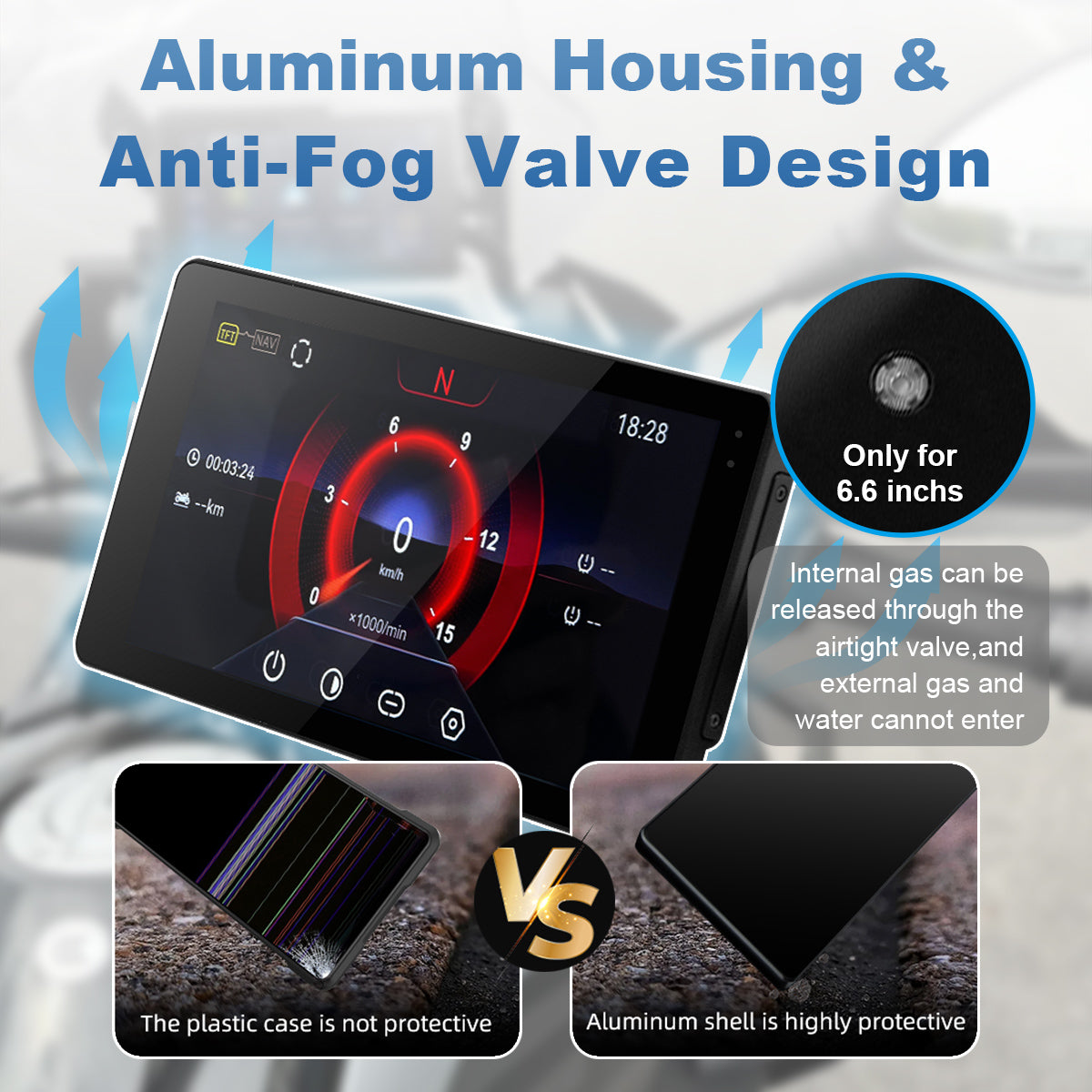 Linkifun MT20 MT30 BMW motorcycle navigation screen with CNC aluminum body and pressure relief valve to prevent fogging on 6.5-inch model.