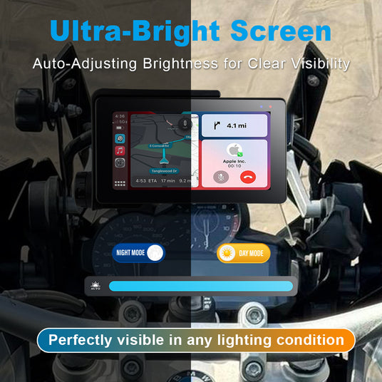 Linkifun MT20 MT30 BMW motorcycle navigation screen with ultra-bright display, auto-adjusting brightness, and day/night viewing modes.