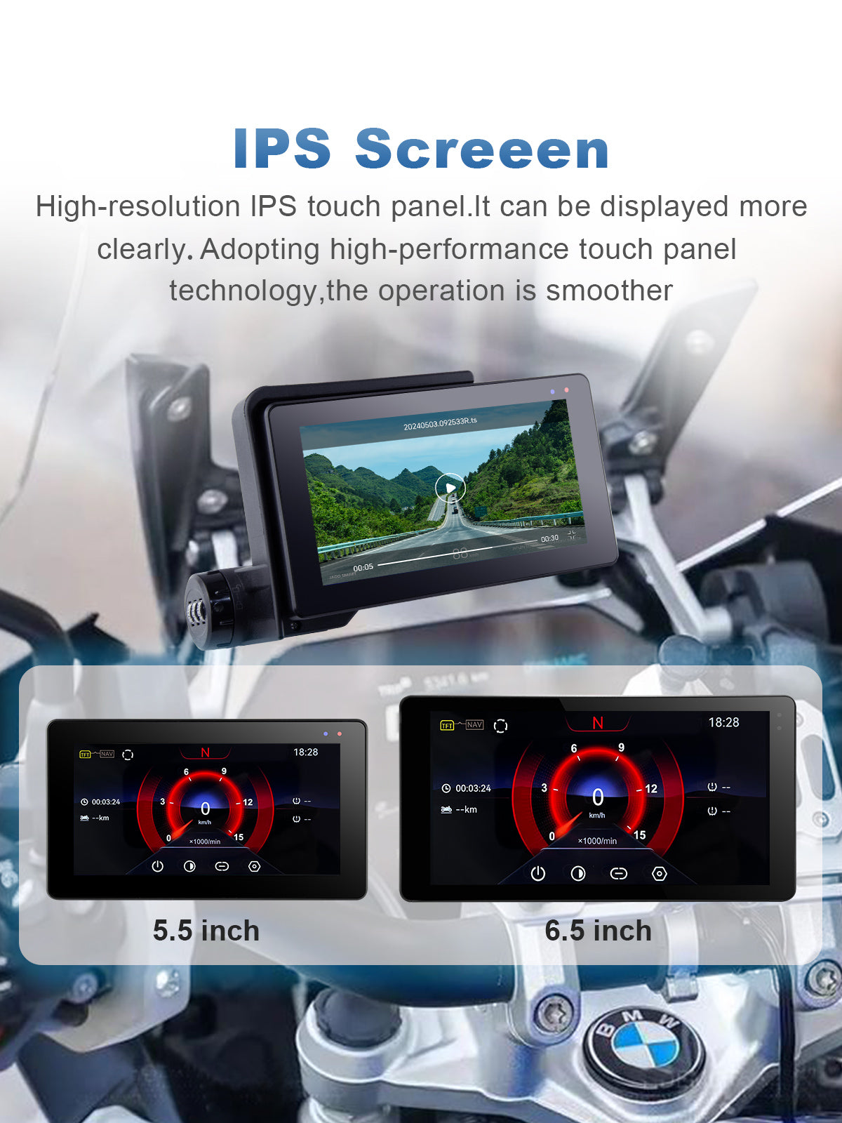 Linkifun MT20 MT30 BMW motorcycle navigation screen with 5.5-inch and 6.5-inch IPS touchscreen display, high resolution and smooth control.
