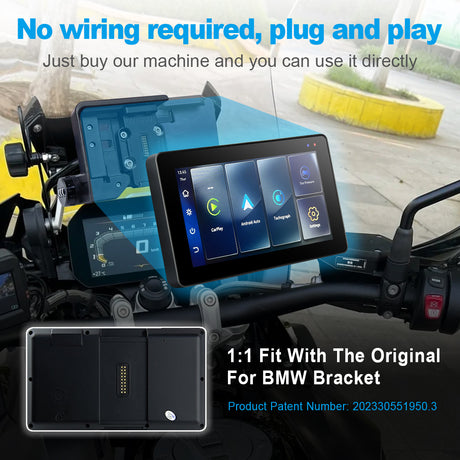 Linkifun MT20 MT30 BMW motorcycle navigation screen with 1:1 OEM bracket fit and plug-and-play installation using original BMW mounting system.