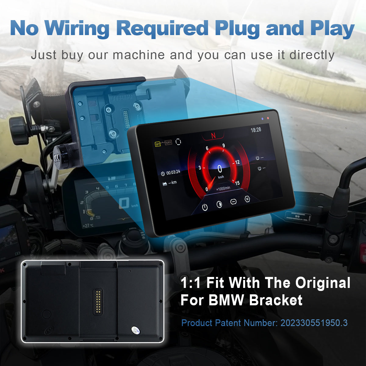 Linkifun MT20 MT30 BMW motorcycle navigation screen with 1:1 OEM bracket fit and plug-and-play installation using original BMW mounting system.