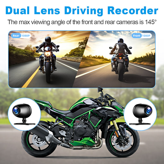 Linkifun MT20 MT30 BMW motorcycle navigation screen with optional Sony 307 dual-lens DVR camera bundle for front and rear recording.