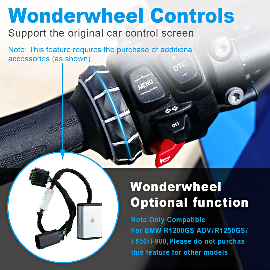 Linkifun MT20 MT30 navigation screen supports BMW Wonderwheel control with optional controller for R1200GS, R1250GS, F850, and F900 models.