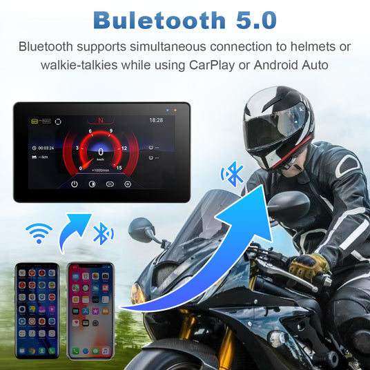 Linkifun MT20 MT30 motorcycle navigation screen with Bluetooth 5.0 supports wireless CarPlay and headset connection through smartphone pairing.