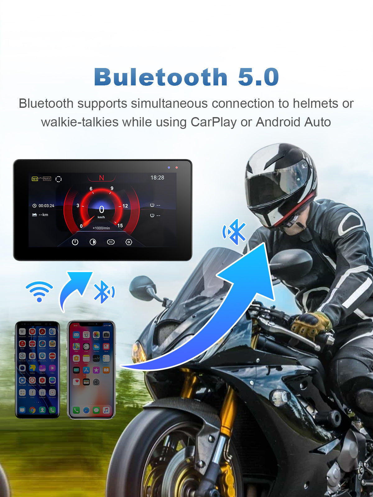 Linkifun MT20 MT30 motorcycle navigation screen with Bluetooth 5.0 supports wireless CarPlay and headset connection through smartphone pairing.