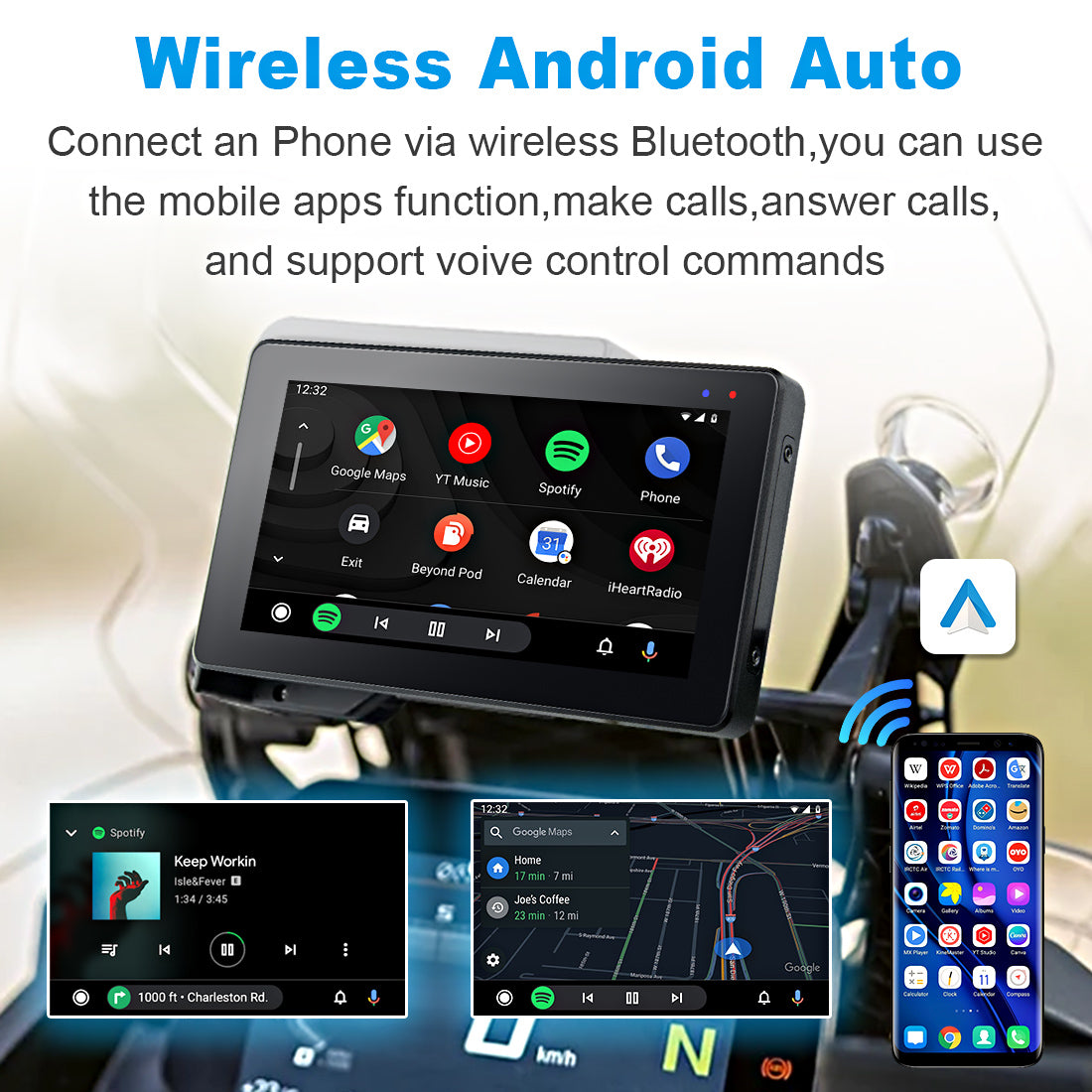 Linkifun MT20/MT30 supports wireless Android Auto via Bluetooth for calls, music, navigation, and voice control on BMW motorcycles.