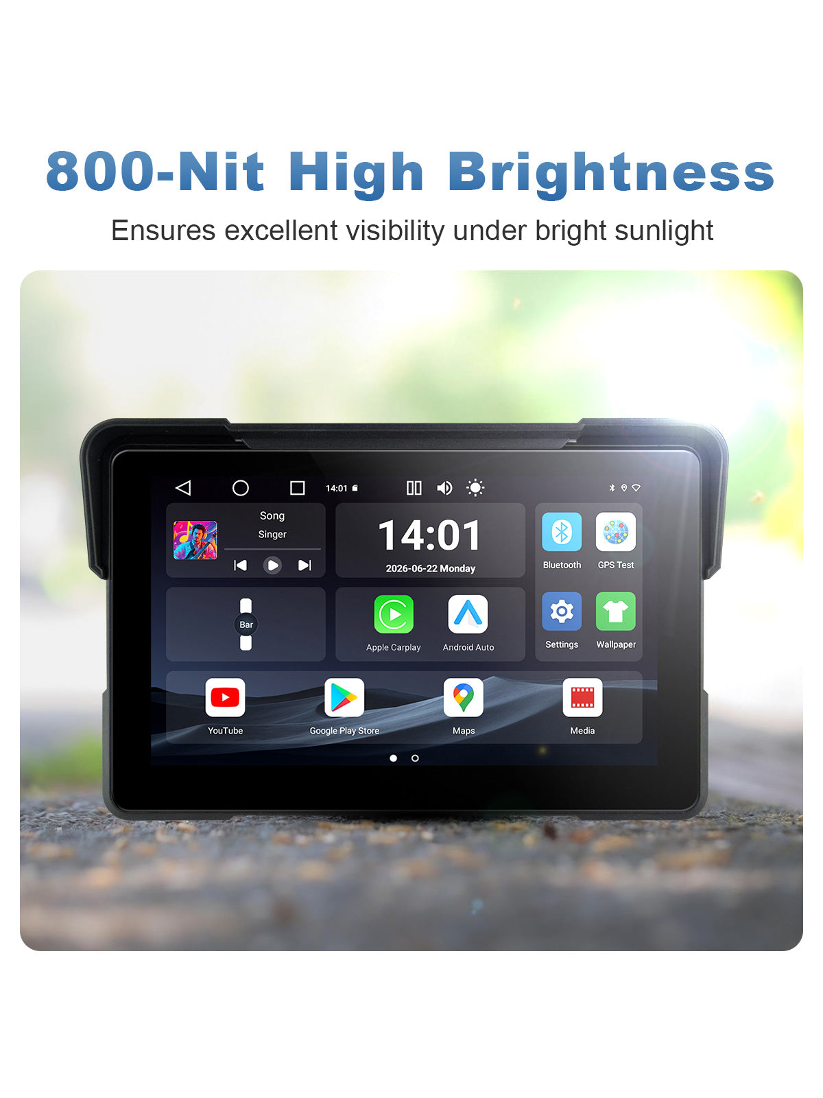 Linkifun MT22 7-inch motorcycle navigation screen with an 800-nit high-brightness display for clear viewing in bright sunlight and daytime riding
