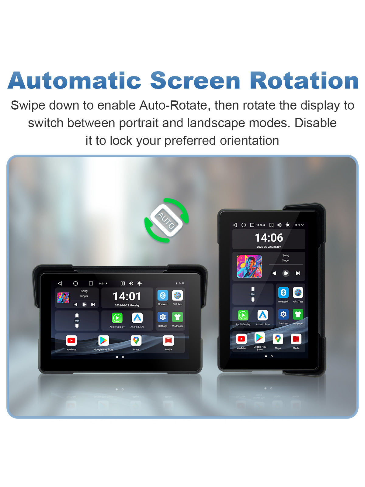 Linkifun MT22 7-inch Android 13 motorcycle navigation screen with wireless Apple CarPlay, Android Auto, Google Play Store, and automatic portrait and landscape screen rotation
