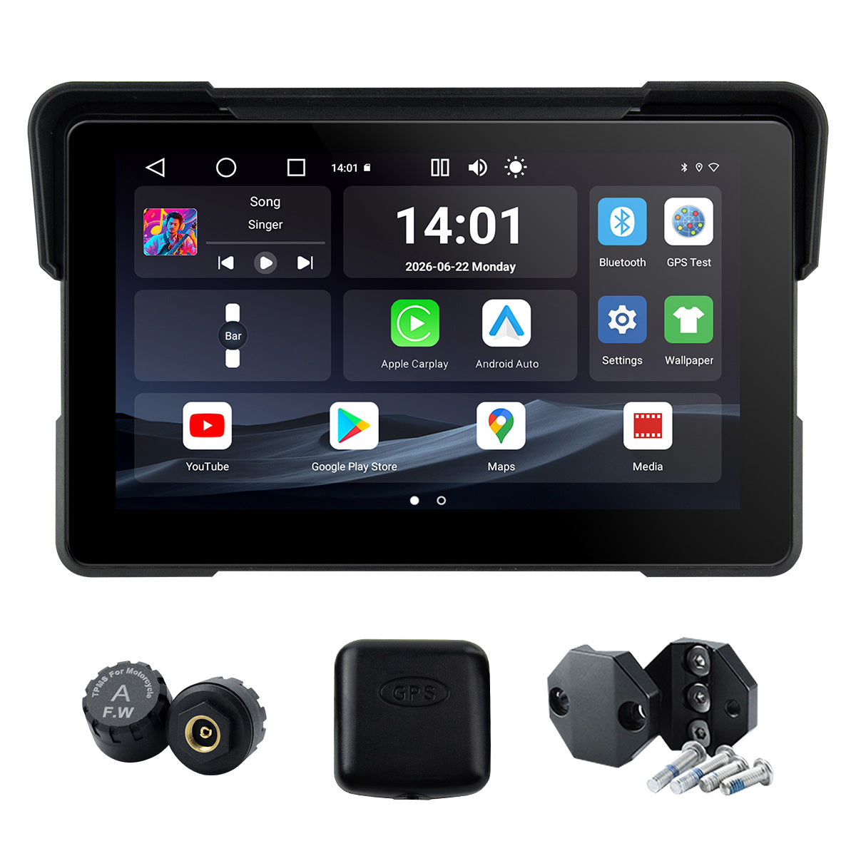 Linkifun™ MT22 7インチ Android 13 オートバイ用ナビゲーションスクリーン(ワイヤレスCarPlay&Android Auto、GPS、自動回転、Google Play対応、オプションのTPMS、IP67)